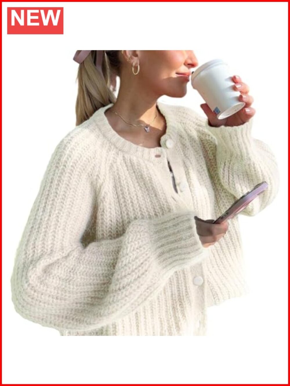 Women's Chunky Knit Button Down Cardigan Long Sleeve Cropped Y2K Outerwear